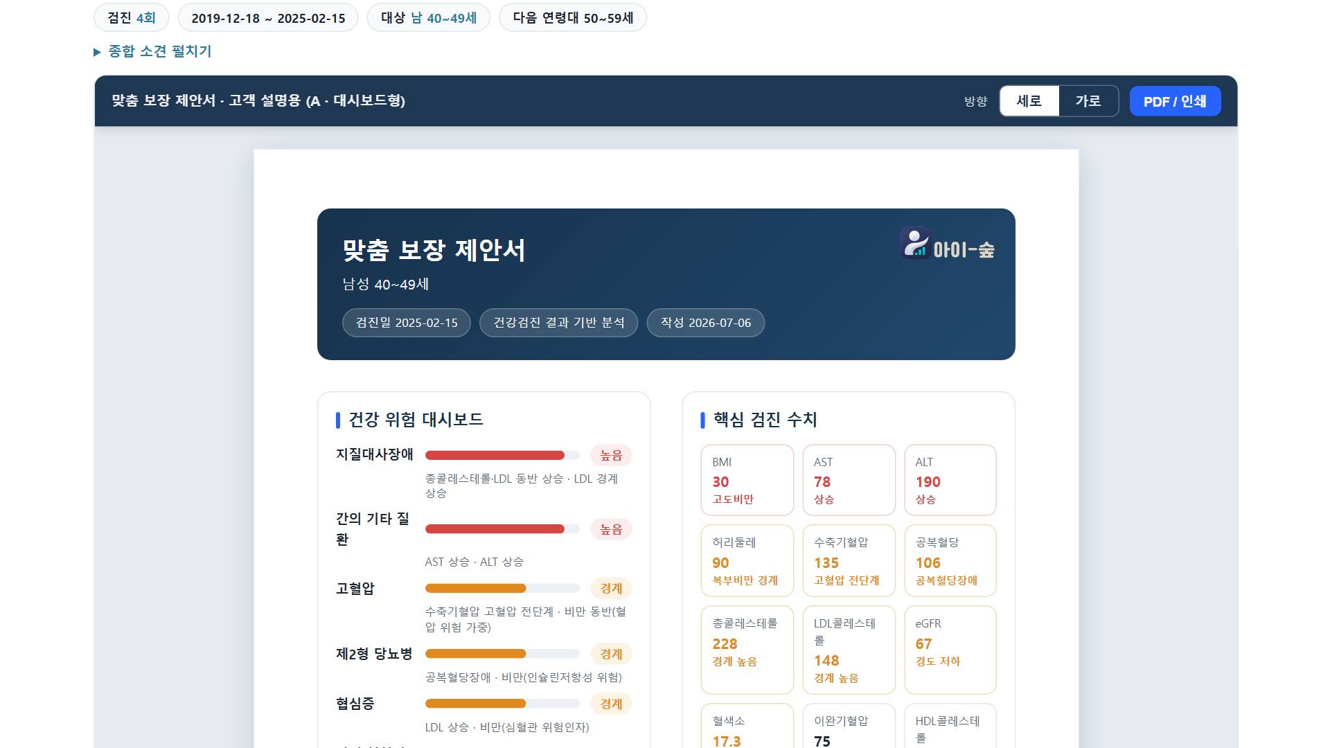 건강검진 보장분석 샘플 화면